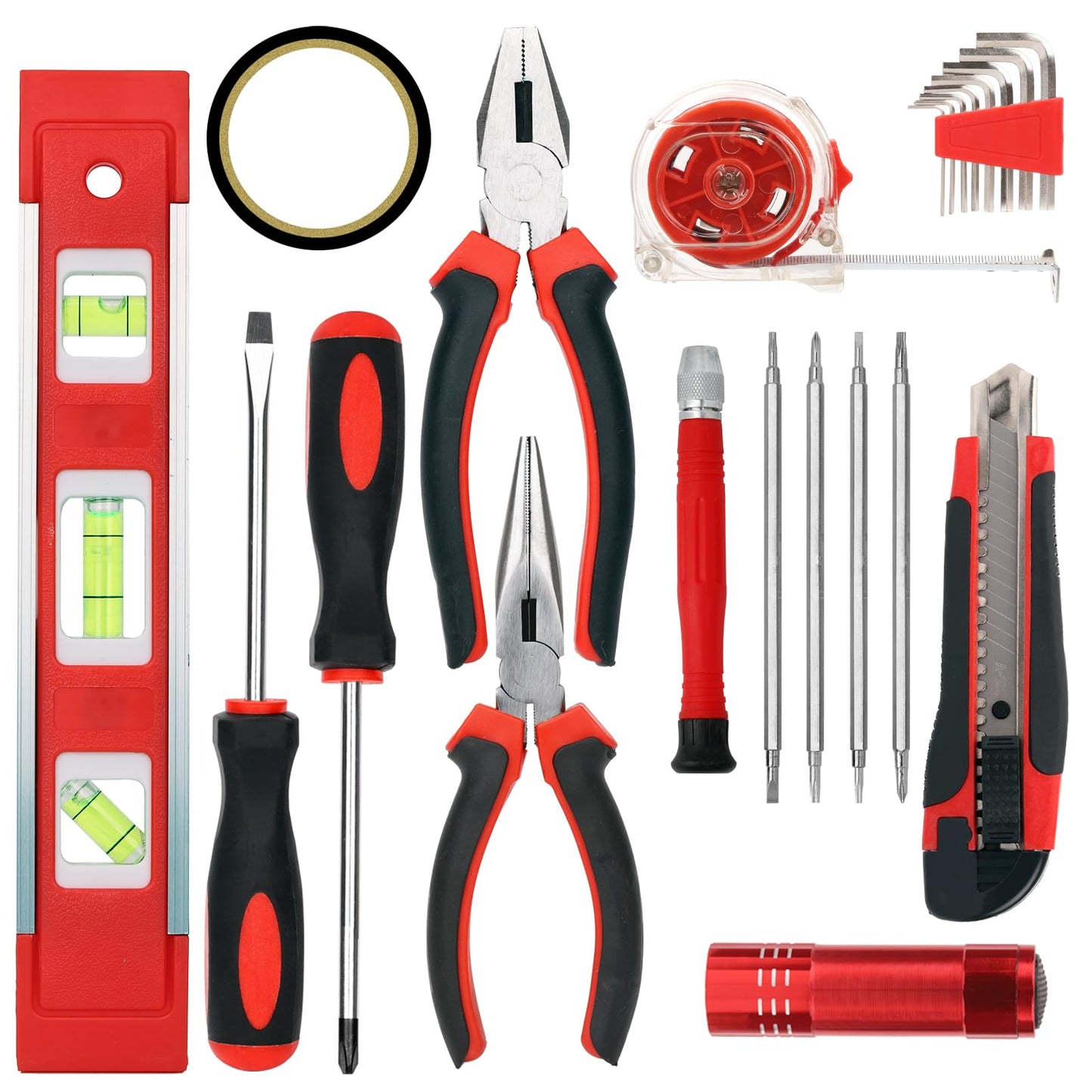 Yougfin 120 Piece Basic Tool Set General Household Hand Kit with Plastic Toolbox Storage Case Red & Black for Men &Women