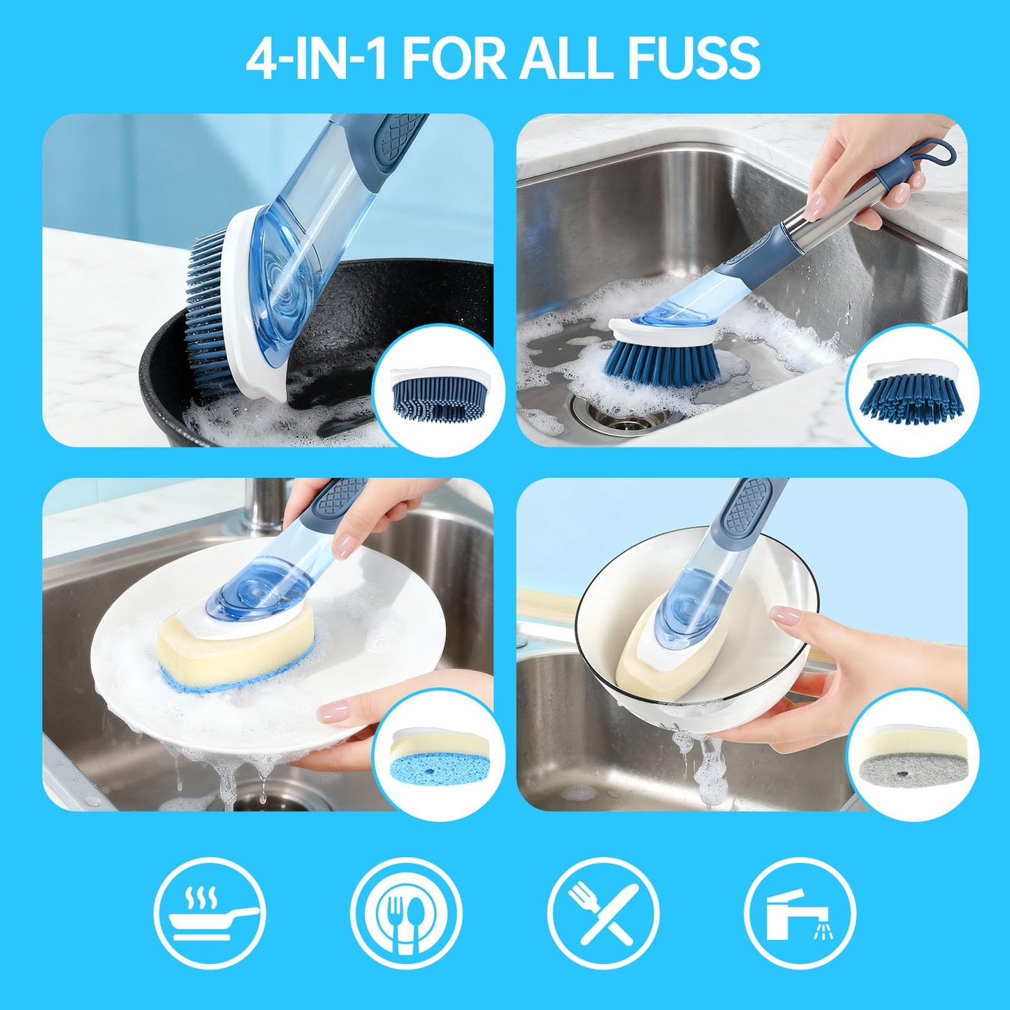 Soap Dispensing Scrub Brush - 4-in-1 Kitchen Cleaning Brush with Built-in Tank, Scraper Heads for Stubborn Grime on Pots Pans, Stand/Hang Storage-Blue
