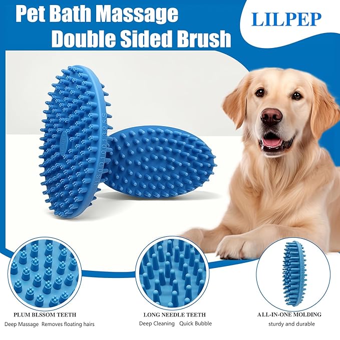 Lilpep 2-in-1 Dog Bath Brush, Double Sided Soft Rubber Grooming Brush for Shedding, Massaging & Deep Cleaning, Suitable for Short & Long Haired Dogs & Puppies