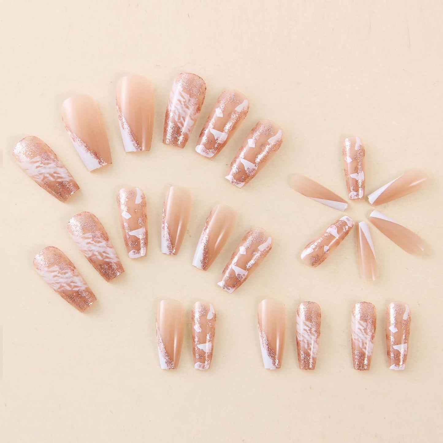 MISUD Press on Nails - Long Coffin Fake Nails with White Ombre, Acrylic Bling Glitter Design 24 pcs