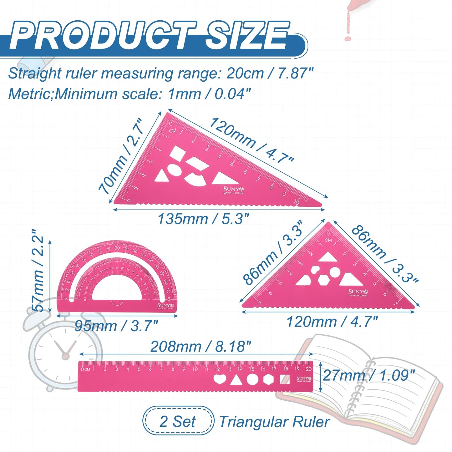 HARFINGTON 8pcs Triangular Ruler Set 20cm Aluminum Alloy Straight Geometric Protractor Triangle Engineering Scale Drafting Ruler Kit Measuring Drawing Tool for Classroom Office Home, Pink