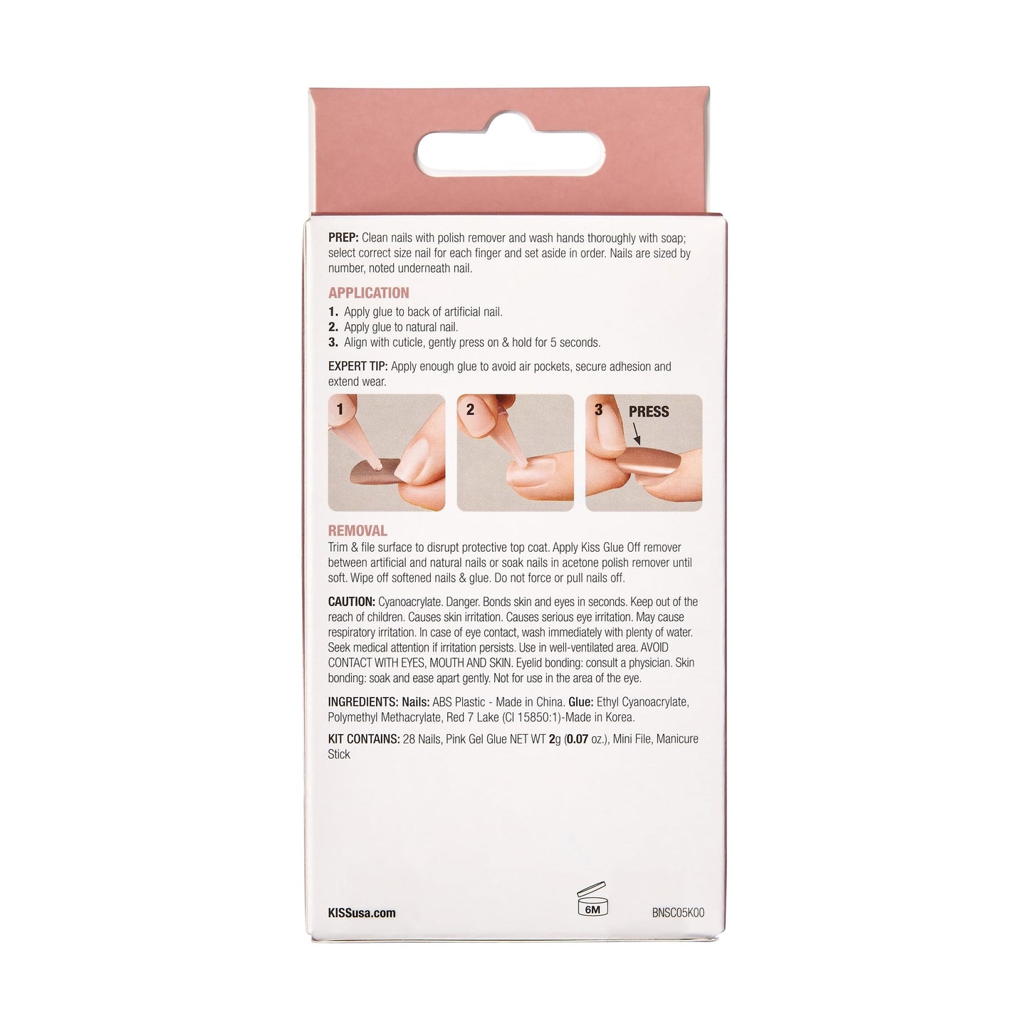 KISS Bare but Better Press On Nails, Glossy Pink, Short Length, Square Shape, 28 Fake Nails, Pink Gel Nail Glue Net Wt. 2g (0.07 Oz.), Mini Nail File, & Manicure Stick