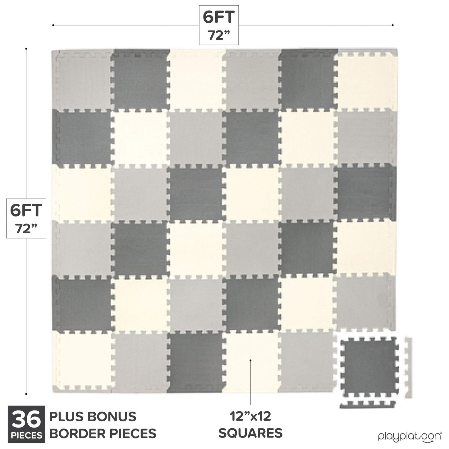 Play Platoon Non-Toxic Foam Puzzle Floor Mat, Comfortable, Extra Thick, Cushiony Play Mat for Toddlers, Kids & Adults, 36 Tiles (12"x12"), Square, Grey/Cream/Charcoal