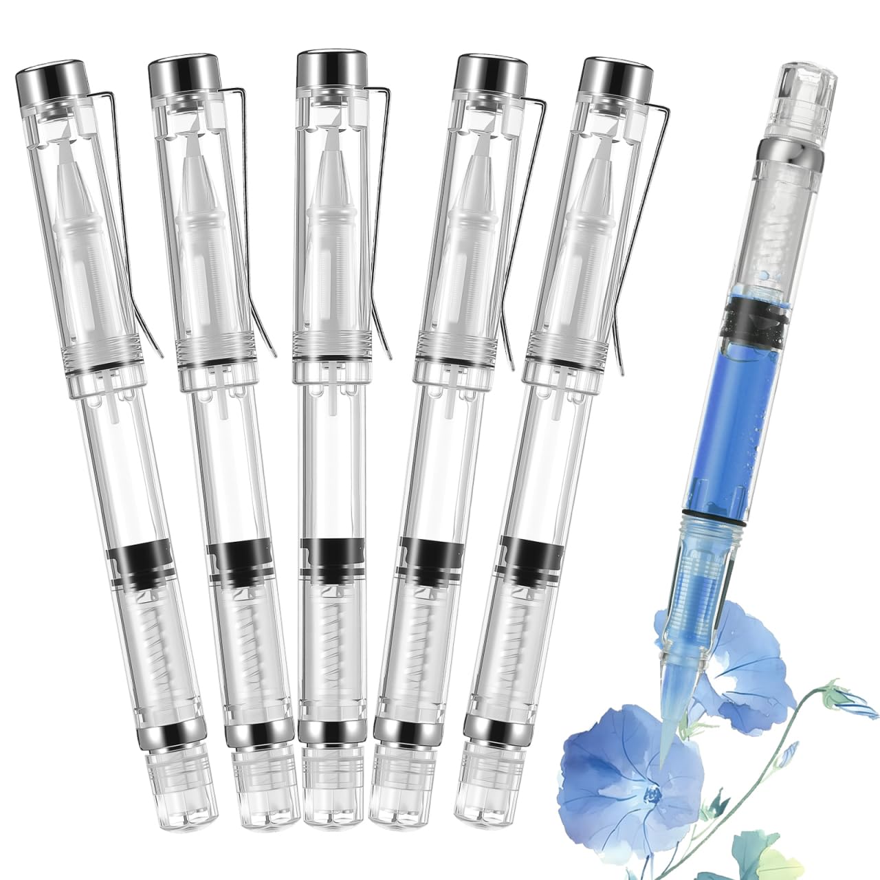 Veemoon Refillable Fountain Brush Pen Set, Piston Fountain Brush Pen Leak-Proof Water Writing Tool Ink Calligraphy Calligraphy Water Paintbrush for Write Drawing Crapbooking Sketching Art, 5Pcs
