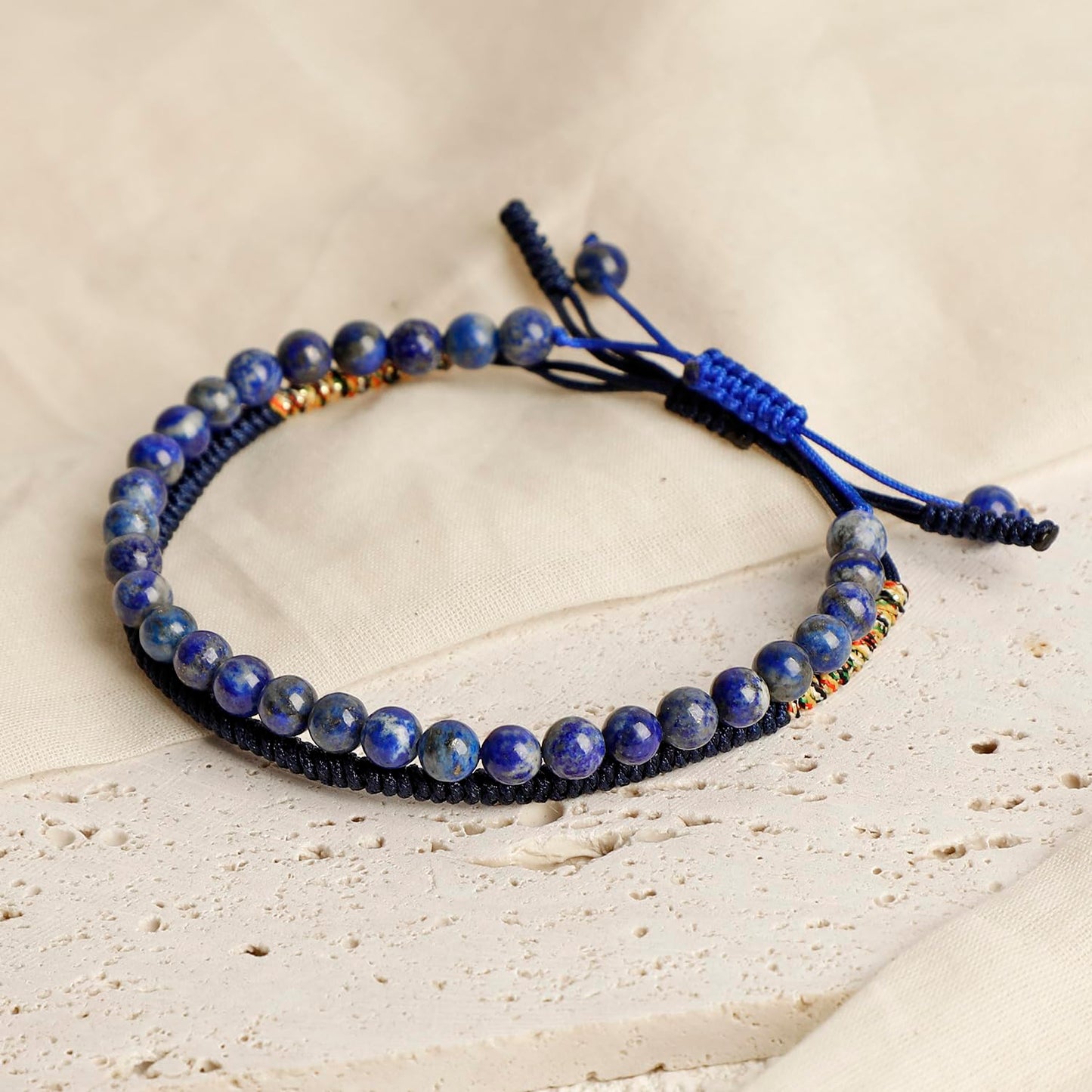 LPBeads 6mm Blue Lapis Bracelet with Handmade Rope Bracelet Size Adjustable Natural Stone Crystal Healing Bracelets Gifts for Unisex Adults