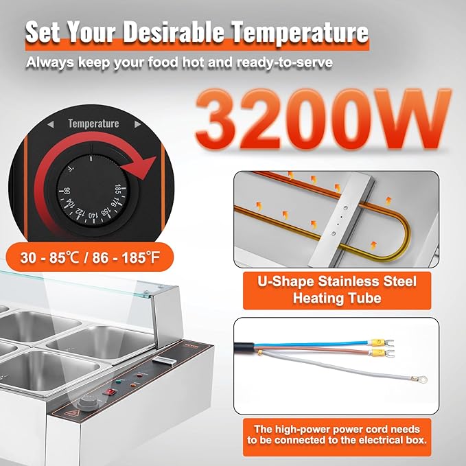 VEVOR 8-Pan Commercial Food Warmer, 8 x 12QT Electric Steam Table with Glass Cover, 3200W Countertop Stainless Steel Buffet Bain Marie w/Thermometer 86-185°F Temp Control for Catering, Restaurants