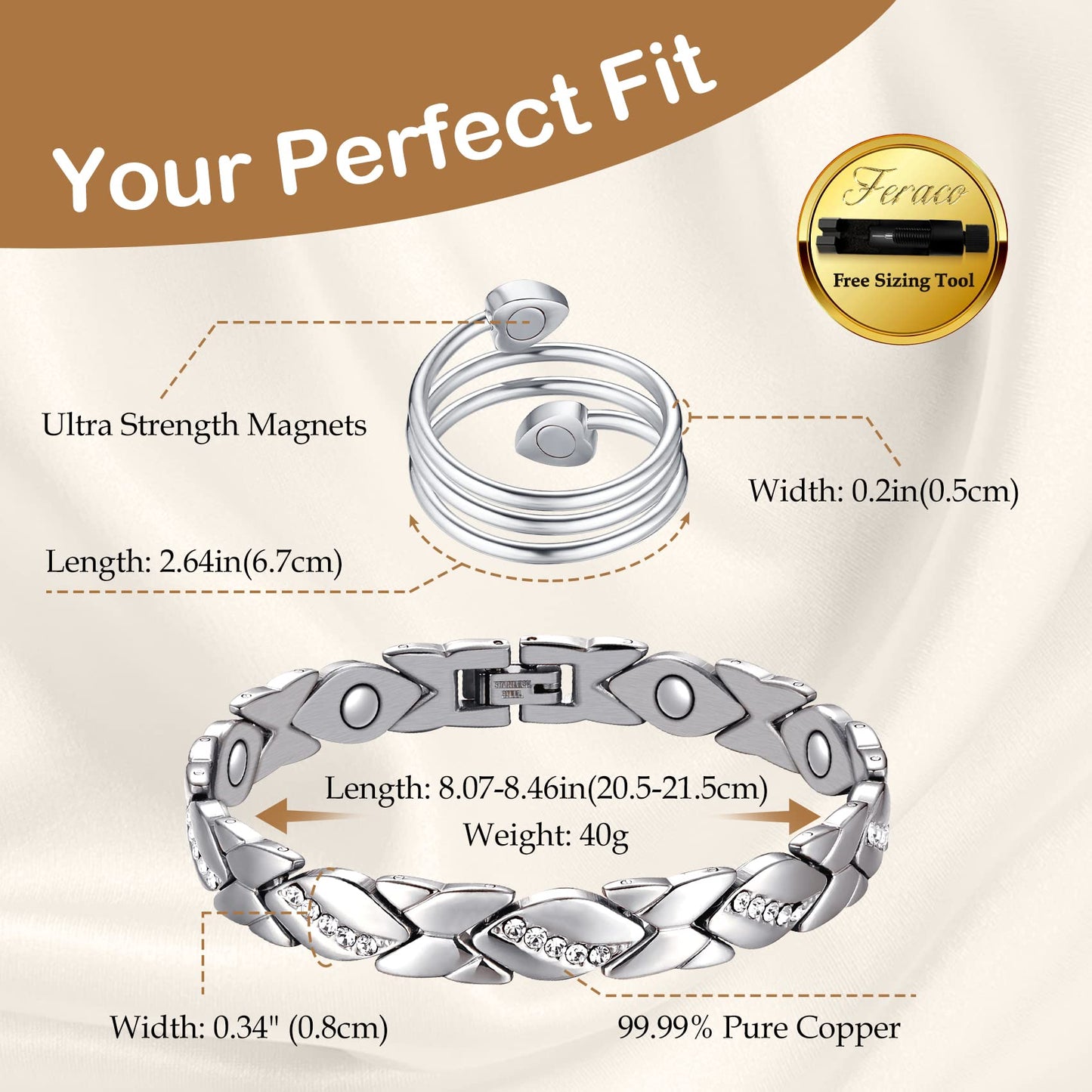 Feraco Copper Bracelet for Women 99.99% Solid Copper Magnetic Bracelets, Unique X Shape Links, Magnetic Field Therapy Jewelry Gifts (Silver X with Ring)