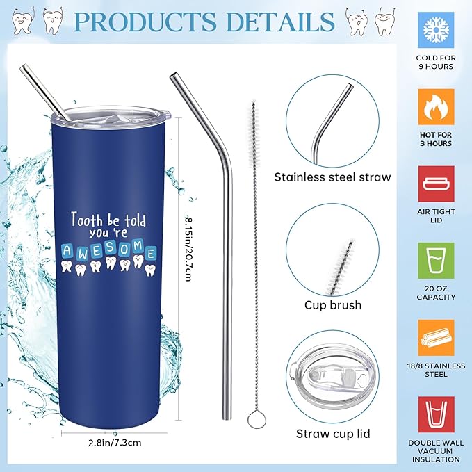 Nuogo 3 Pcs Positive Dental Hygienist Gifts Dentist Assistant Gift for Women Men Inspirational 20oz Tumbler Tote Bag Tooth Stress Toy for Dental Hygiene Month Employee Appreciation(Blue,Teeth)