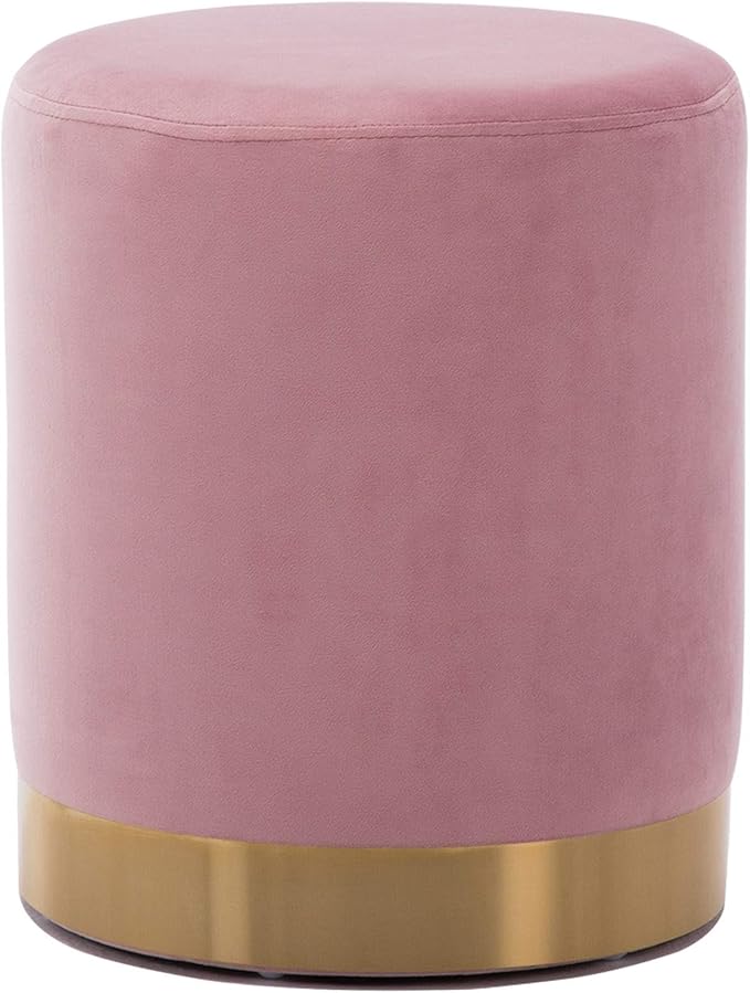 DAGONHIL Modern Round Pink Velvet Ottoman,Upholstered Floor Stools with Gold Plating Base,Accent Makeup Stool for Living Room,Bedroom and Kids Room,Pack of 1(Pink)