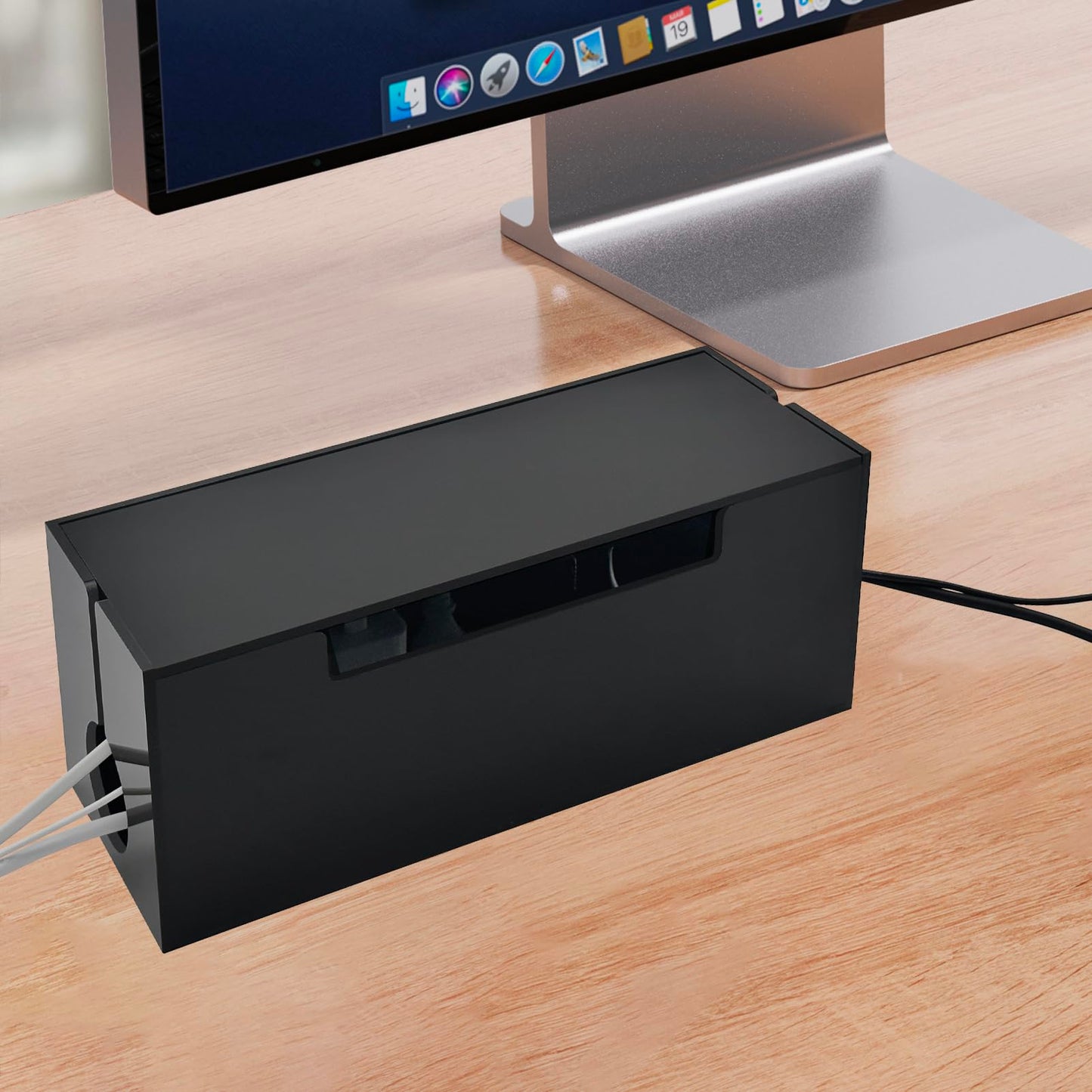 Cable Cord Organizer Box, 2 Open Slots Cords Hider Box, Under Desk Power Strip Organizer and Floor Cables Storage, Black