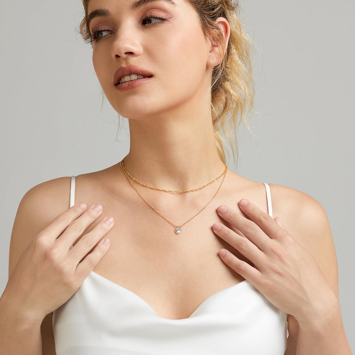Zeffy Dainty Layered Necklaces Diamond Necklaces Simple CZ Solitaire Pendant Necklace Cute Chain Choker for Women Trendy