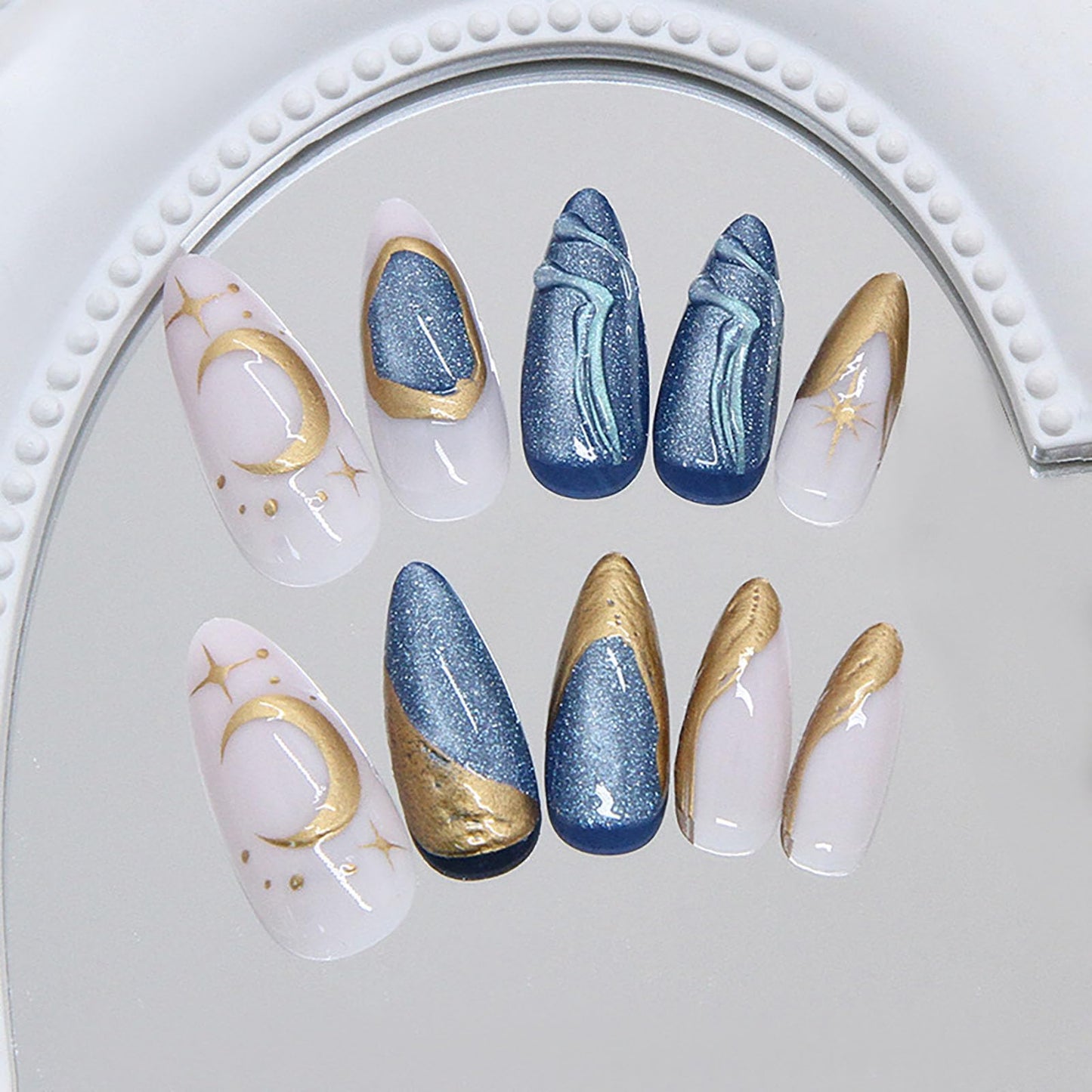 RUOKEXIN Almond Press on Nails Medium Fake Nails Blue Cat Eye False Nails with 3D Gold Designs Spring Summer Nail Press ons Sparkly Artificial Nails for Women 24Pcs