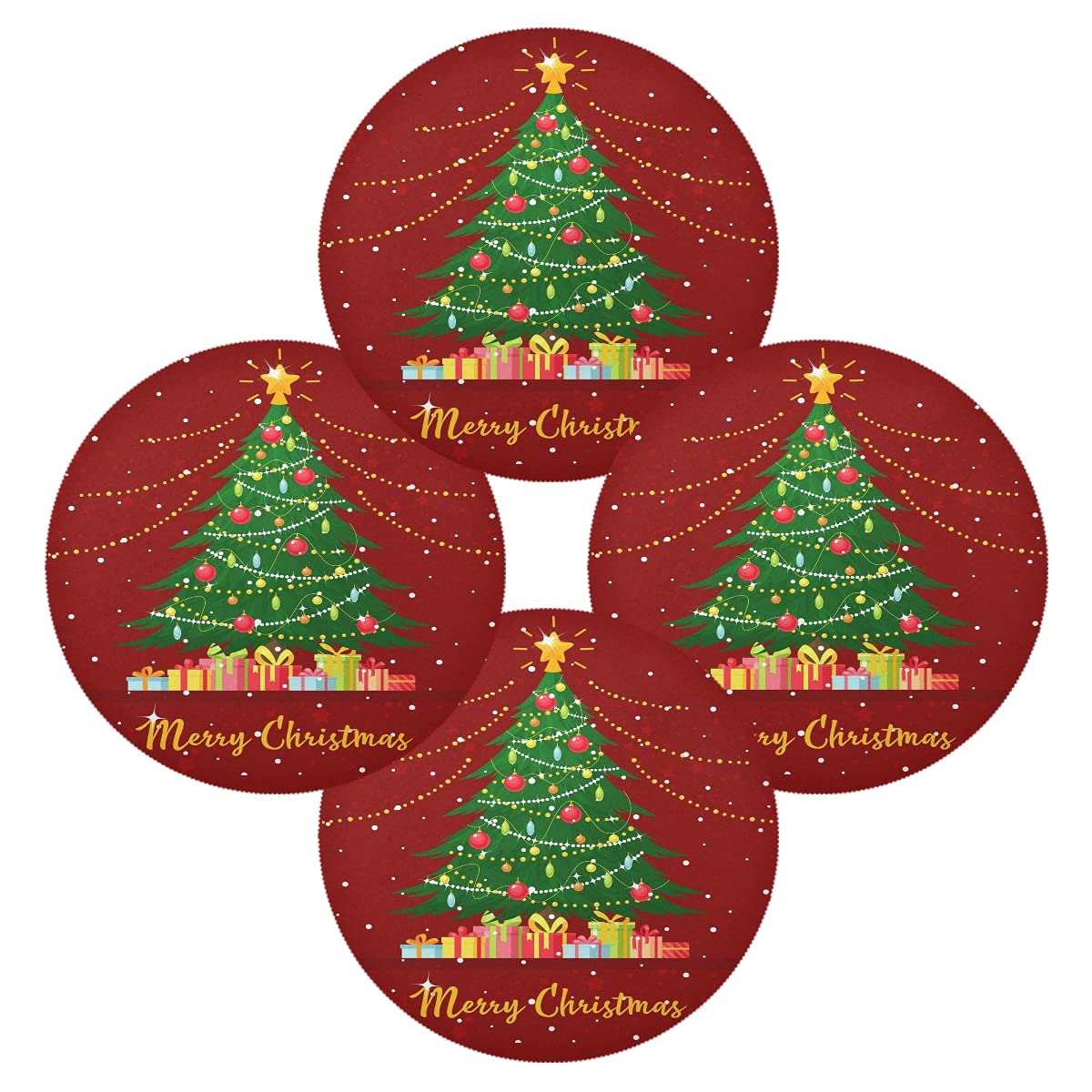 6 Pack Round Placemats Christmas Tree with Gift Boxes Table Mats Heat-Resistant Stain Resistant Anti-Skid Washable Placemats 15.4 Inch