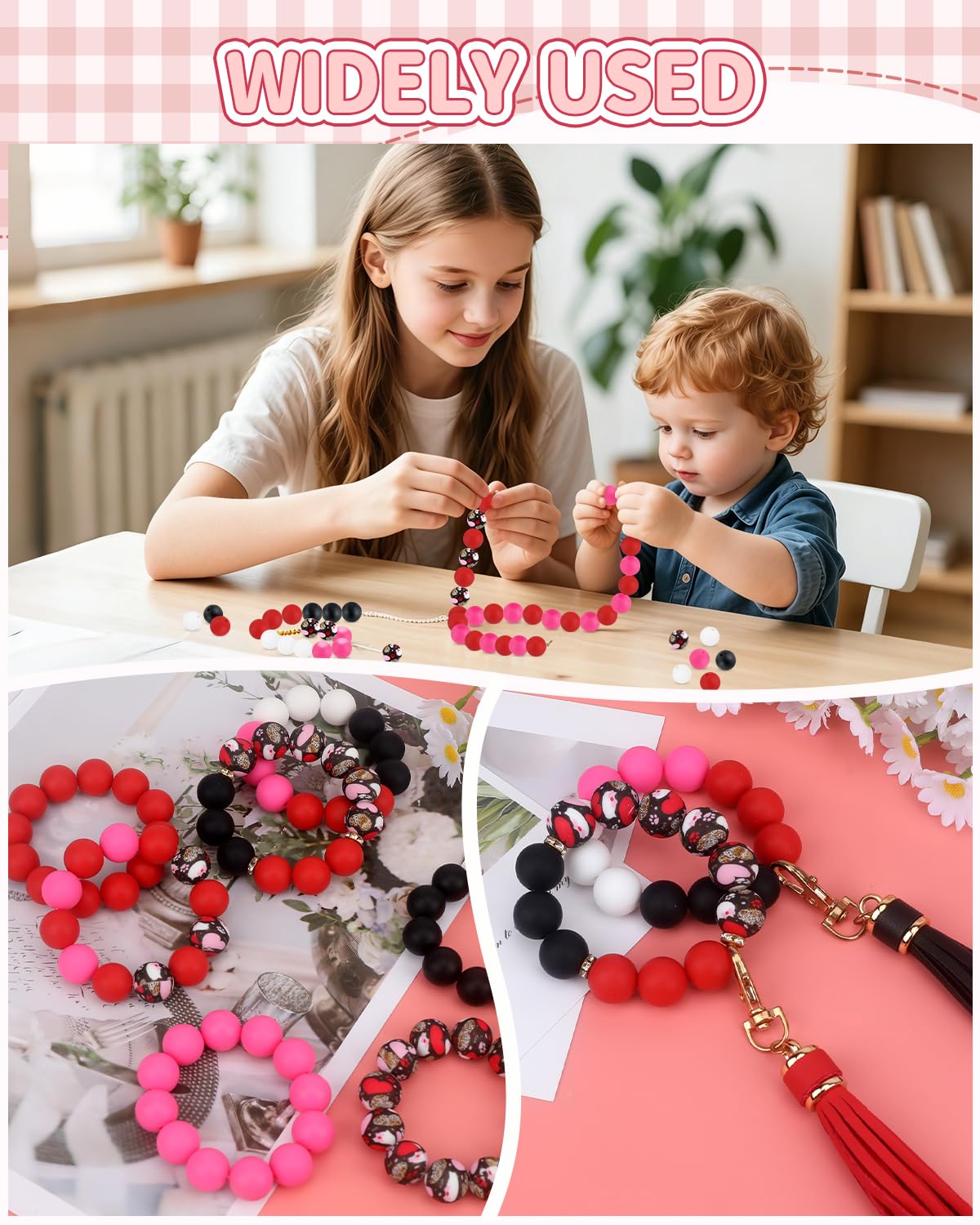 SALUOKE 100 Pcs 15mm Silicone Beads for Keychain Making, Pink Red Silicone Beads Bulk Round for Bracelets Pens Crafts Jewelry Making (Pink Red)