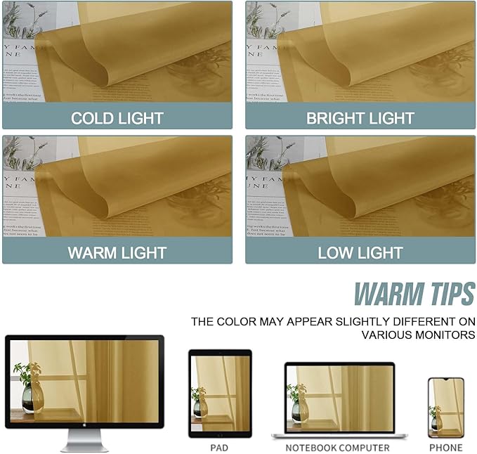 Gold Sheer Curtains 90 Inches Long 2 Panels, Light Filtering Solid Sheer Curtains for Bedroom Living Room, Lightweight Soft Airy Window Voile Sheer Drapes, Dual Rod Pocket, 2x42Wx90L Inches