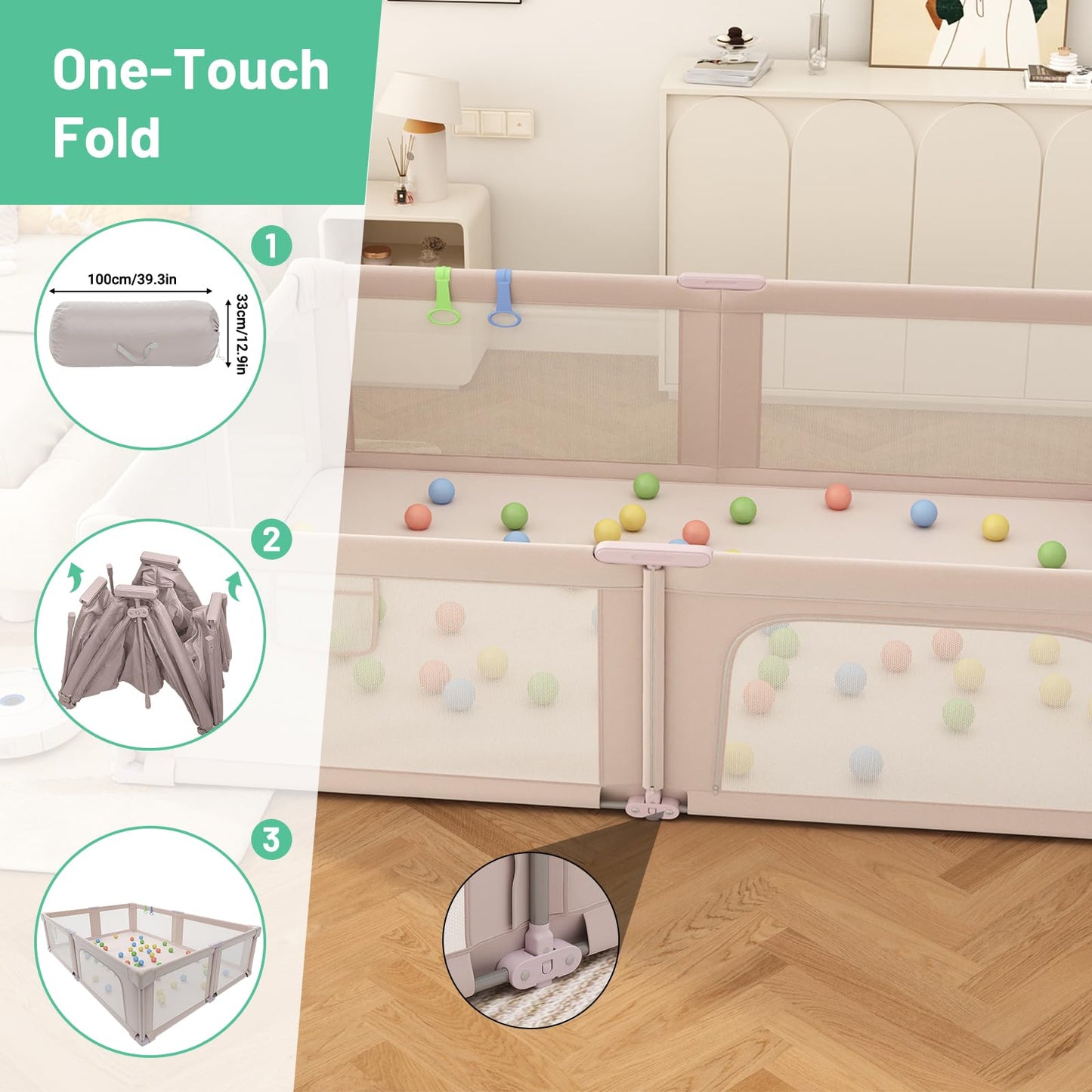 Foldable Playpen with Mat for Babies and Toddlers, 73" x 61" Baby Play Pen for Indoor & Outdoor, Playard with Soft Breathable Mesh, Pull-Link and Ocean Balls, Pink