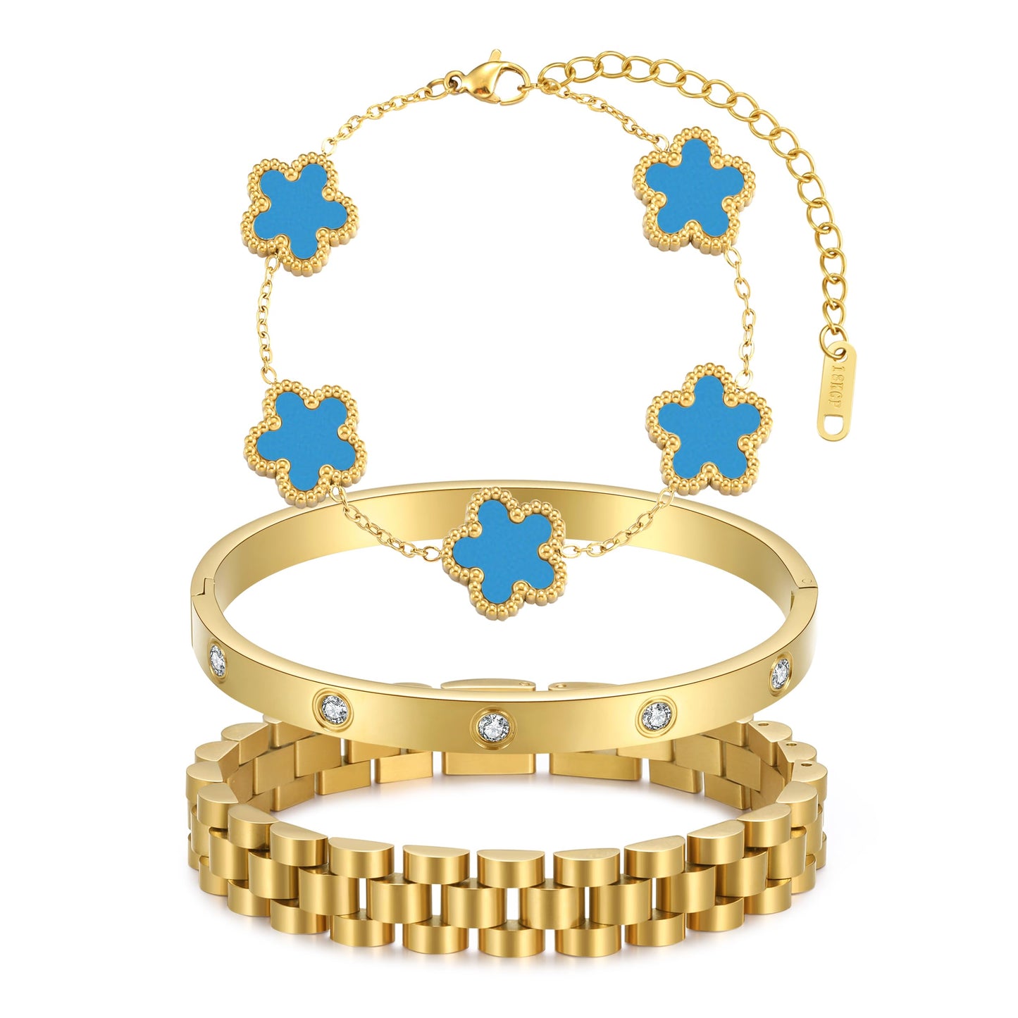 YOQ Stackable Four Leaf Clover Bracelets for Women, 18K Gold Plated Love Bangle Bracelets Set, 3 Pcs Charm Jewelry Gifts (Blue)