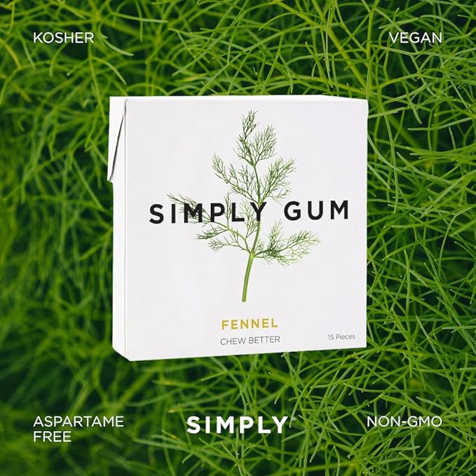 SIMPLY Gum Fennel, Plastic-Free Natural Chewing Gum, 12 Pack (180 Pieces) | Vegan, Kosher, Non GMO, Aspartame Free and Sorbitol Free