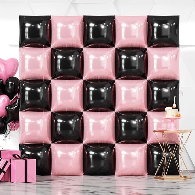 NISOCY 25PCS Black and Pearl Pink Square Foil Balloons Wall Backdrop Double Sided Black and Pearl Pink Balloons Arch Kit for Birthday Party Anniversary Wedding Baby Shower Decorations
