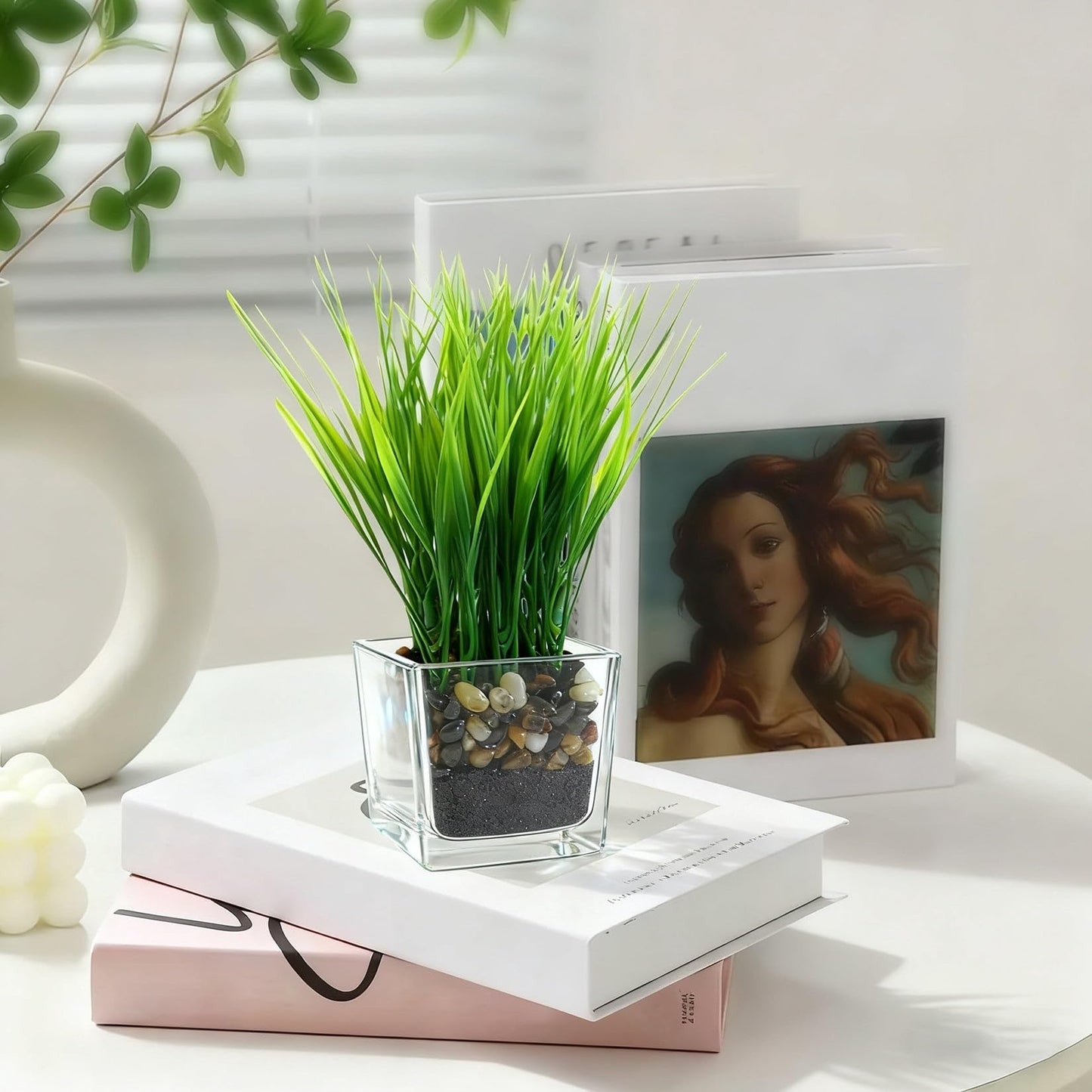 PeacefulHues 3-Pack Artificial Grass in Glass Planters, Small Faux Greenery for Desks, Shelves & Indoor Spaces, Modern Tabletop Decorative Plants (3×3×8.7 in)