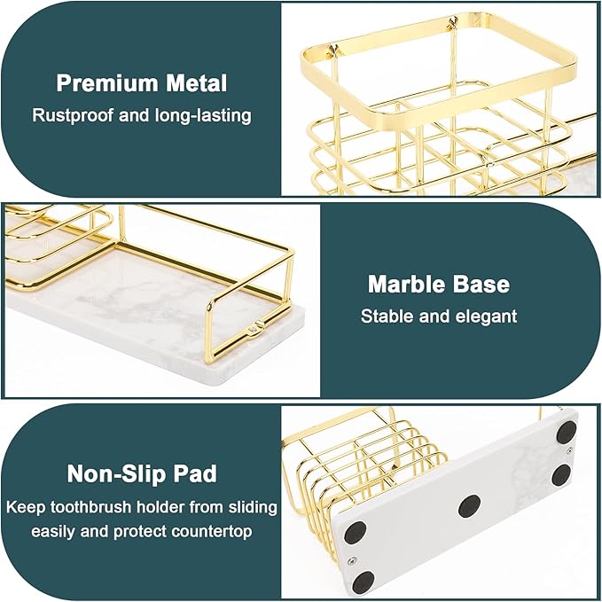 HarJue Toothbrush Holder, Luxurious Metal Toothbrush Toothpaste Holder with Marble Base for Bathroom, Multi-Slots Openwork Design, Bathroom Accessory for Storage and Organizer (Large, Gold)
