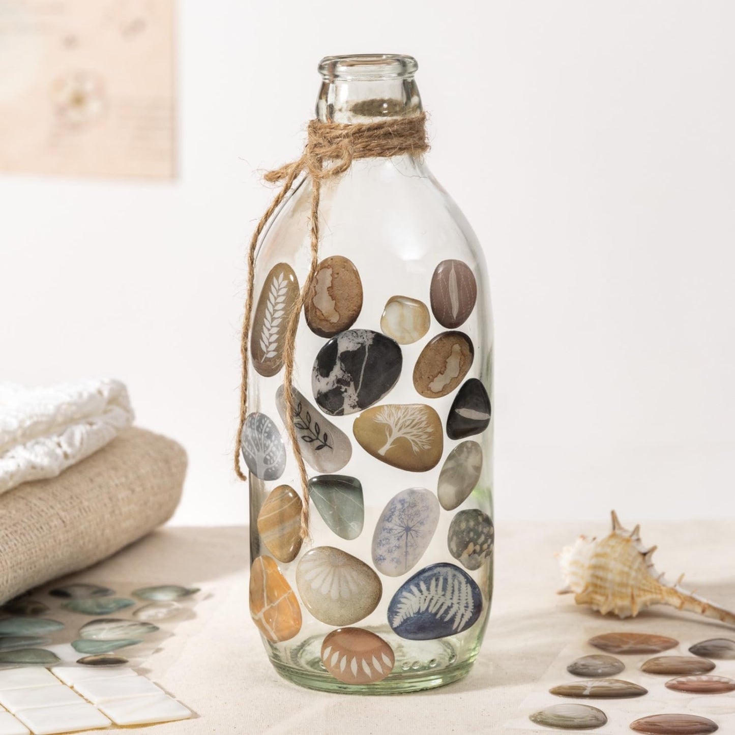 Doukado 60 Pcs 3D Epoxy Pebble Stickers, Aesthetic Stone Ephemera with Glossy Crystal Finish, Nature-Inspired Decorative Resin Decals for Junk Journaling, Scrapbooking, and DIY Art Crafts