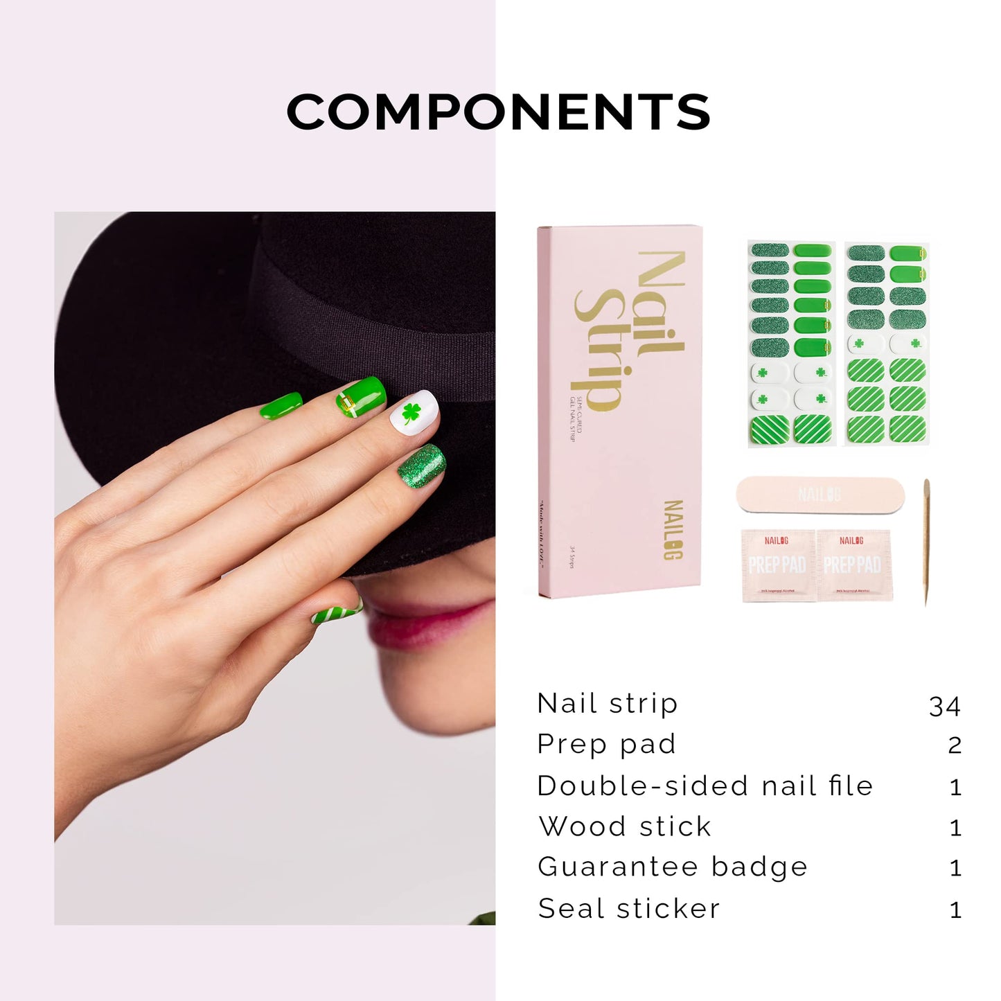 NAILOG Green Semi Cured Gel Nail Strips for St. Patrick's Day, 34pcs Salon-Quality Irish Pride Nail Art Wraps