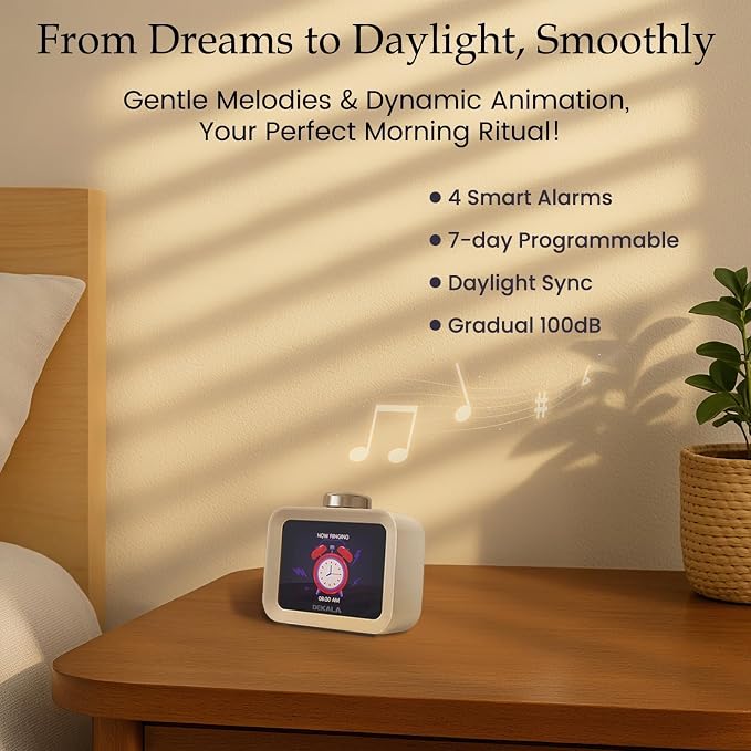 Dekala AuraDot Cute Aalarm Clock Temperature Humidity Monitor, White Noise Sound Machine for Sleep 30 Non-Loop Soothing Sounds, Animationed Sleep Screen, 7-Day Programmable 4 Alarm Clock