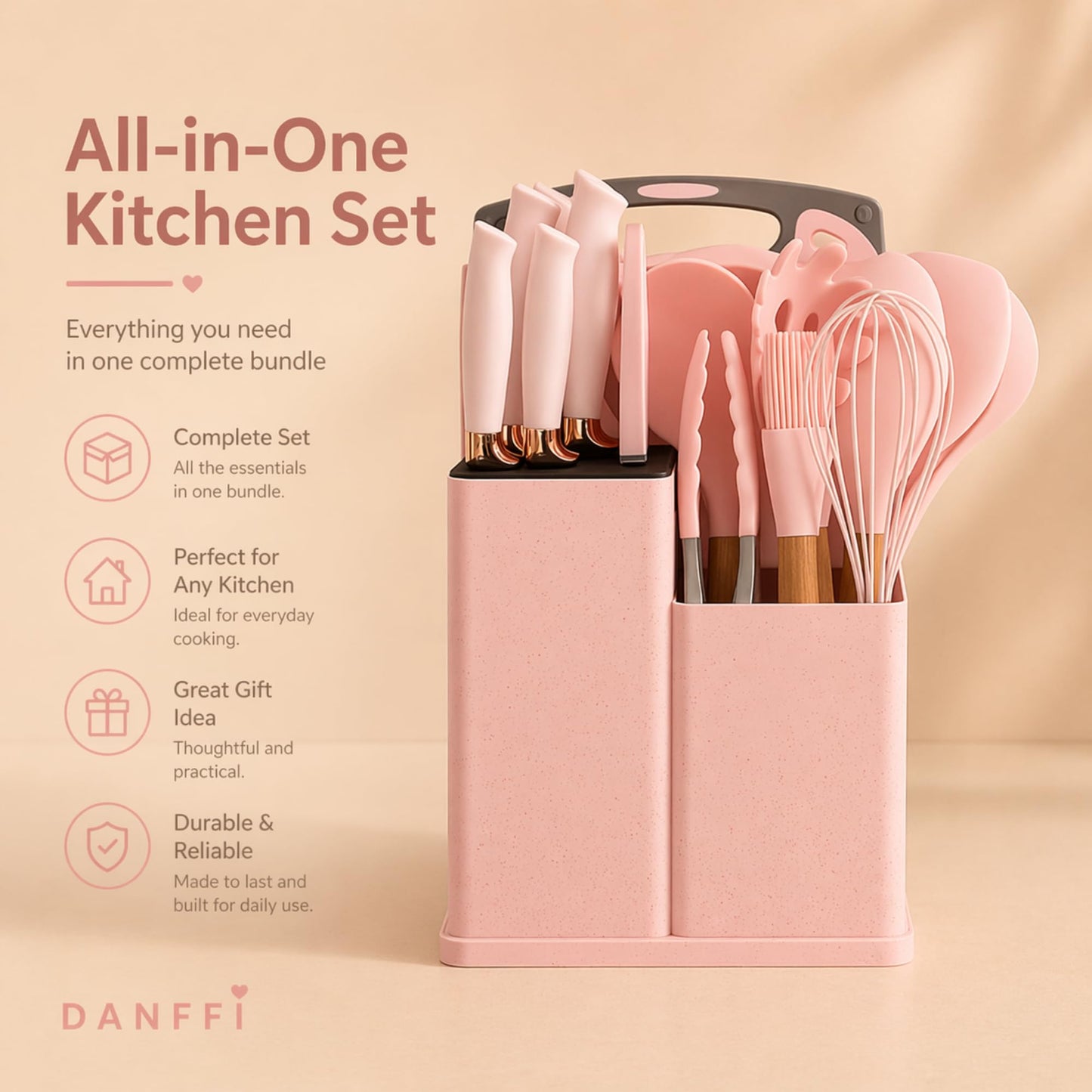 19-Piece Pink Kitchen Set for First Apartment - Complete Silicone Cooking Utensils with Wooden Handles, Pink Knife Set, Cutting Board & Holder - All-in-One Kitchen Starter Kit for New Home, BPA-Free