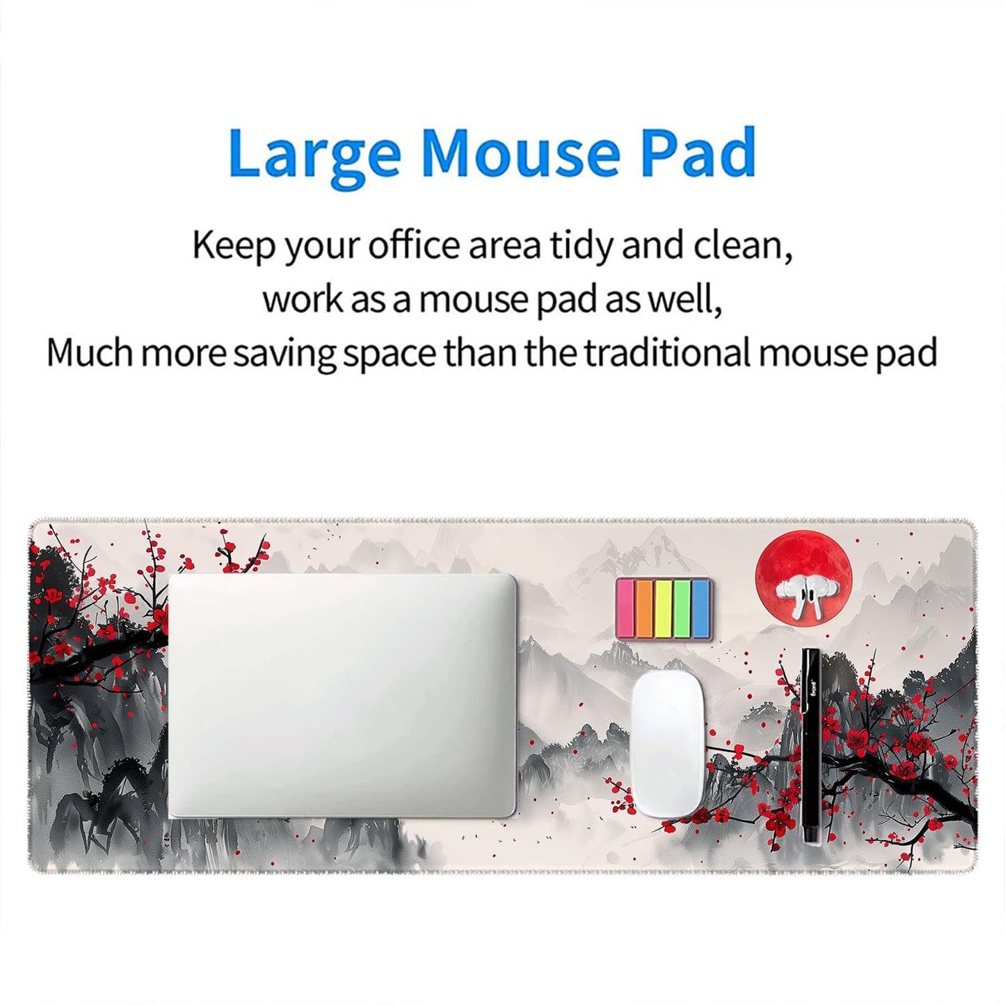 Watercolor Cherry Blossom Gaming Mouse Pad - Chinese Ink Painting Mountain Desk Mat With Stitched Edge Non-Slip Base for Office Computer Keyboard Laptop Home 31.5"x11.8"