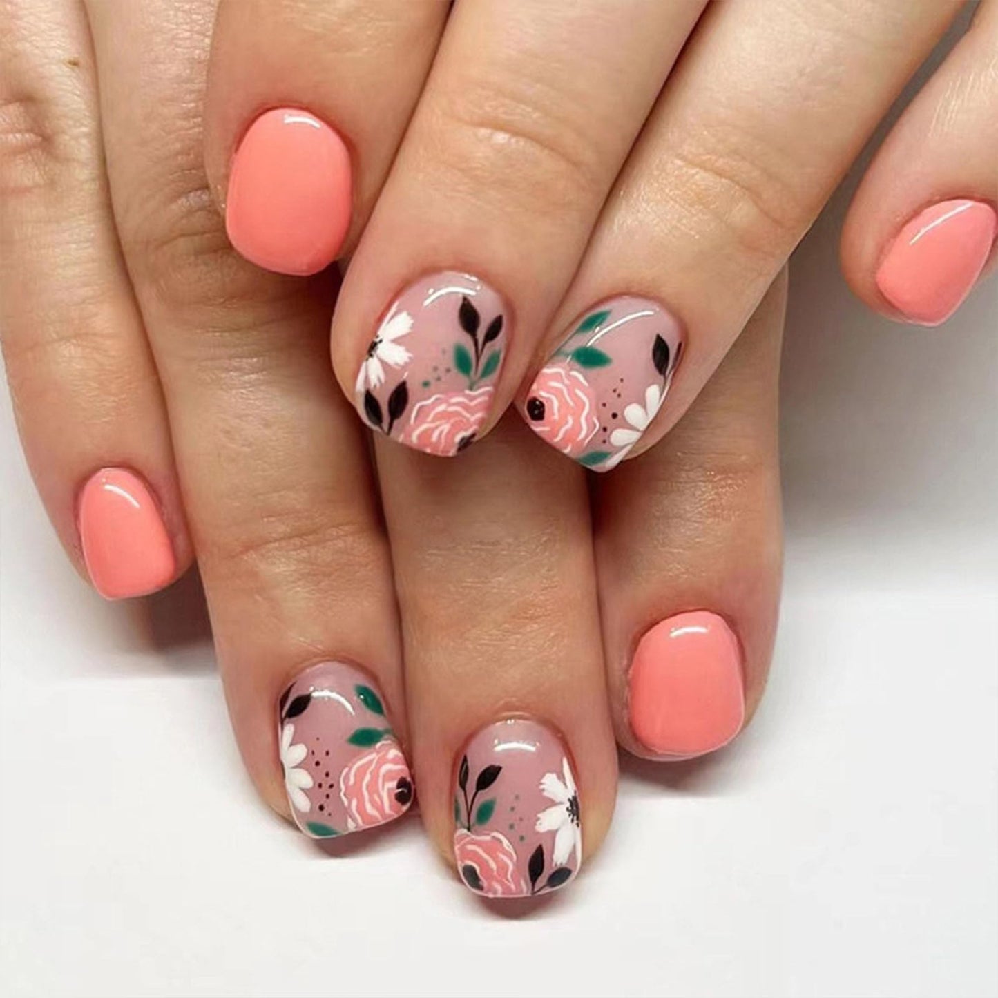 Press on Nails Short Square Fake Nails with Flower & Leaf Designs Pink Acrylic Nails Press ons Glossy Glue on Nails Cute Pink-Orange Full Cover Stick on Nails for Women 24 Pcs