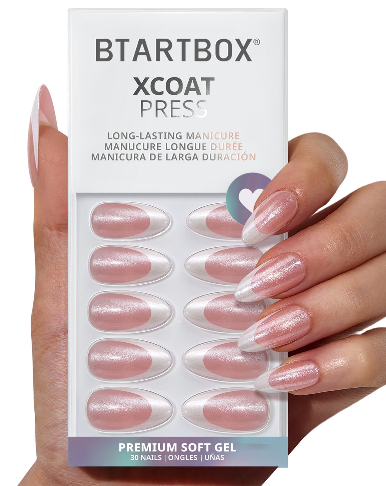 BTArtbox French Tip Press On Nails - Just Right, Lamp-Curable 4-Week Wear White Meidum Almond Press On Nails with Glue and Adhesive Tabs, Easy-to-Apply in 15 Sizes - 30 Nails All-in-One Kit