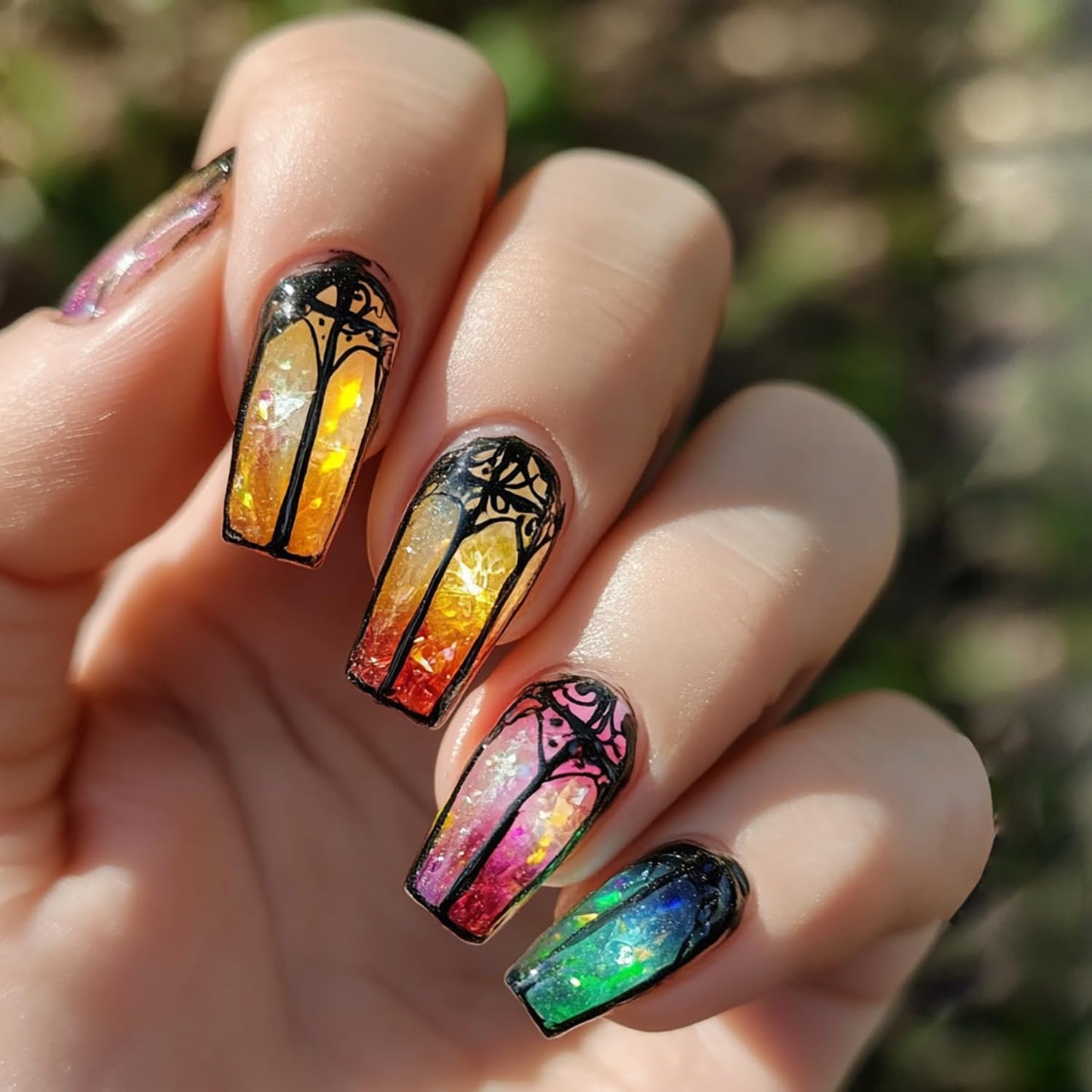 LOPMNGHT Stained Glass Windows Press on Nails Medium Ballet Shaped Colorful Aurora False Nails Full Cover Glossy Acrylic Nails Colorful Flower Windows Design Artificial Nails for Women 24Pcs