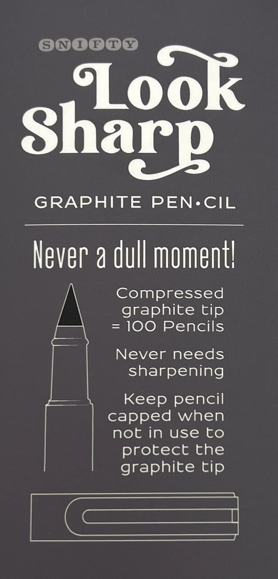 SNIFTY Look Sharp Always Sharp Pen•cil - Compressed graphite tip equals 100 pencils - Gray metal barrel + cap + eraser