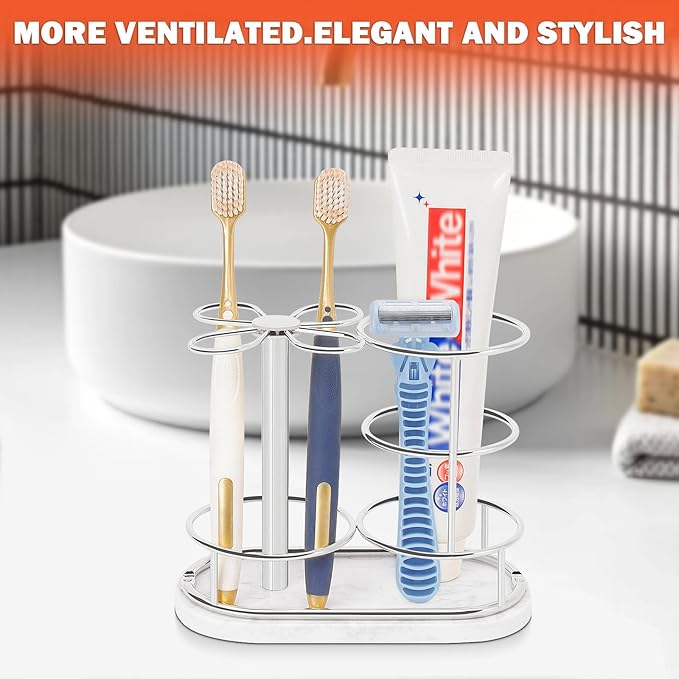 HarJue Toothbrush Holder Stand for Bathroom, Metal Toothbrush Organizer with Marble Base, Toothbrush Storage Collection for Family, Suitable for Home Hotel Countertop Vanity (Medium, Chrome Finish)
