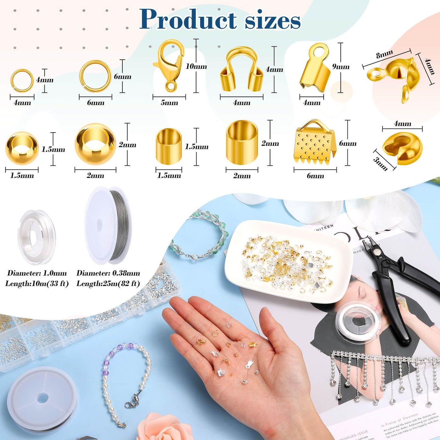2384Pcs Crimp Beads Supplies for Jewelry Making, Including Crimp Bead Covers, Crimp Tubes, Bracelet Clasps and Closures, Crimp Ends, Jump Rings, Crimping Pliers and Beading Wire for Bracelets Making