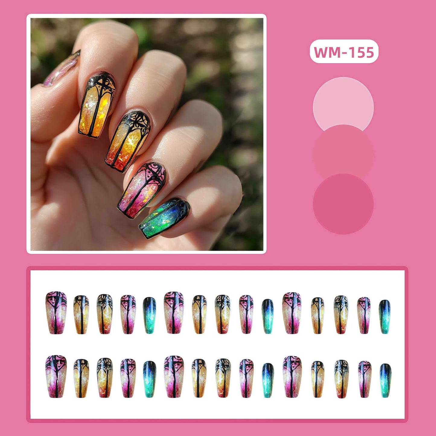 LOPMNGHT Stained Glass Windows Press on Nails Medium Ballet Shaped Colorful Aurora False Nails Full Cover Glossy Acrylic Nails Colorful Flower Windows Design Artificial Nails for Women 24Pcs