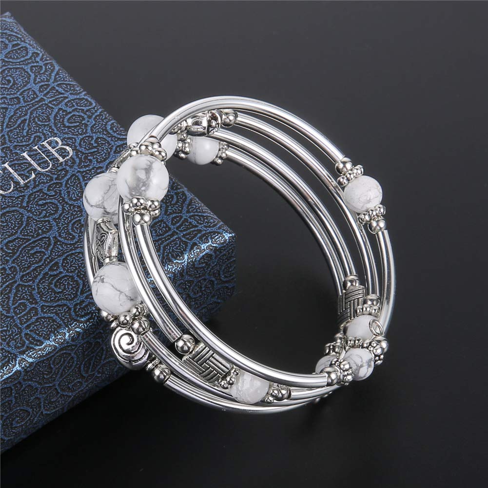 Beaded Pearl Bangle Wrap Bracelet - Fashion Bohemian Jewelry Multilayer Charm Bracelet with Thick Silver Metal Beads, Gift For Women(Howlite)