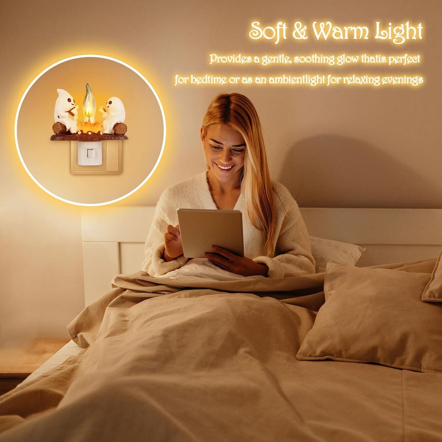 RAINBEAN Ghost Campfire Flickering Night Light, 3D Small Electric Faux Campfire Night Light,Ghosts Campfire Flicker Flame Nightlight, 5in LED Campfire Night Lights Funny Halloween Decor