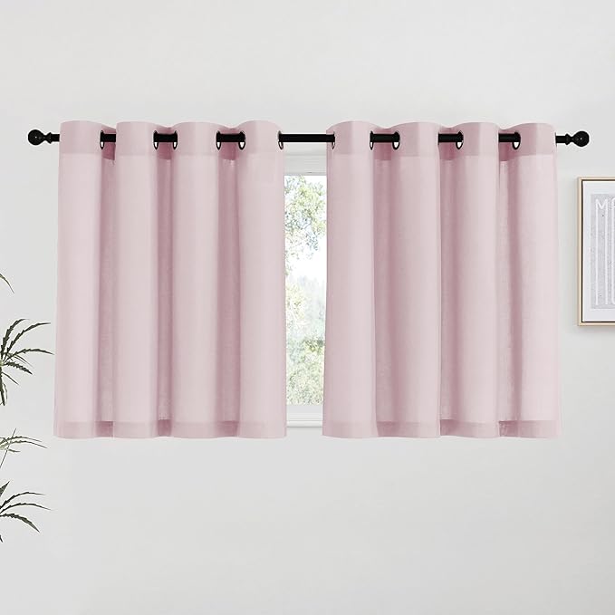 NICETOWN Blush Pink Linen Curtains for Kitchen, Thick Flax Small Window Treatments Semi Sheer Privacy Assured with Light Through for Cafe/Bathroom, W55 x L36, 2 Panels