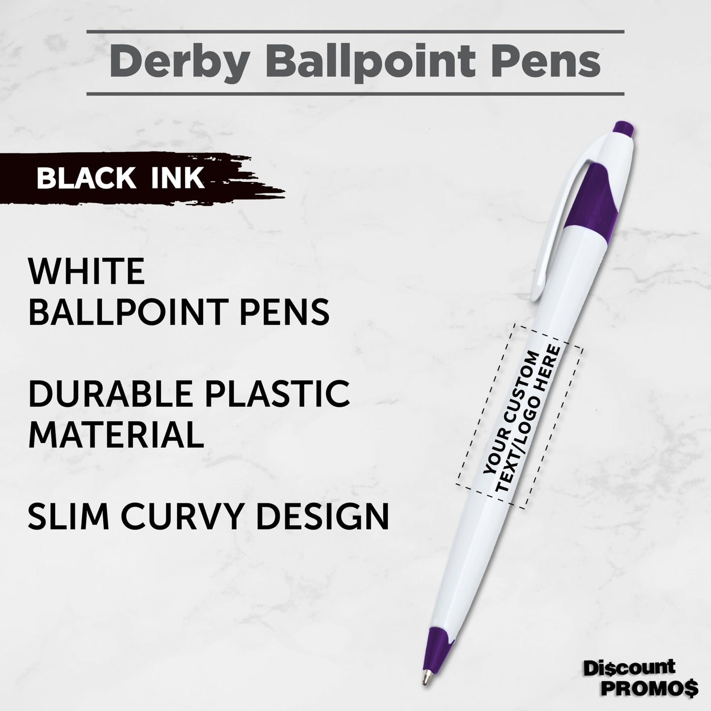 Personalized Ballpoint Pens Set of 10/50/100 by DISCOUNT PROMOS- Black Ink, Slim & Curvy Design, Retractable, Ideal for Office, Corporate Merchandise, Tradeshows- Purple