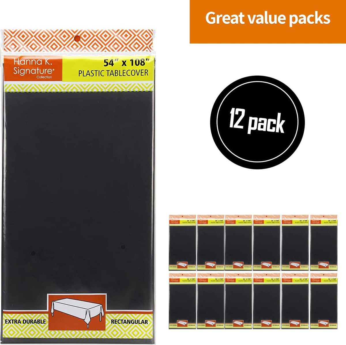 Party Dimensions Black Tablecloth Disposable Plastic Table Cover for Rectangle Tables (12 Pack) Premium Plastic Table Cloths for Parties, Events & Weddings, Indoors/Outdoors, 54"x108"