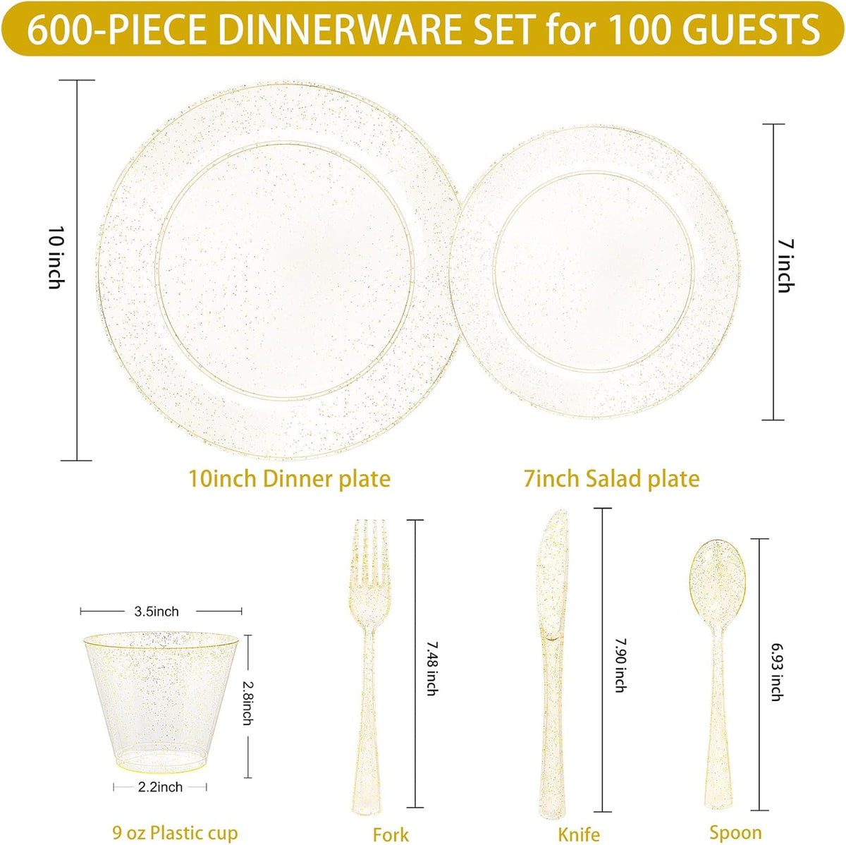 WELLIFE 600 PCS Gold Glitter Disposable Dinnerware Set for 100 Guests, Plastic Plates for Party, Including 100 Dinner Plates, 100 Salad Plates,Cups,Silverware Set for Wedding and Party Supplies
