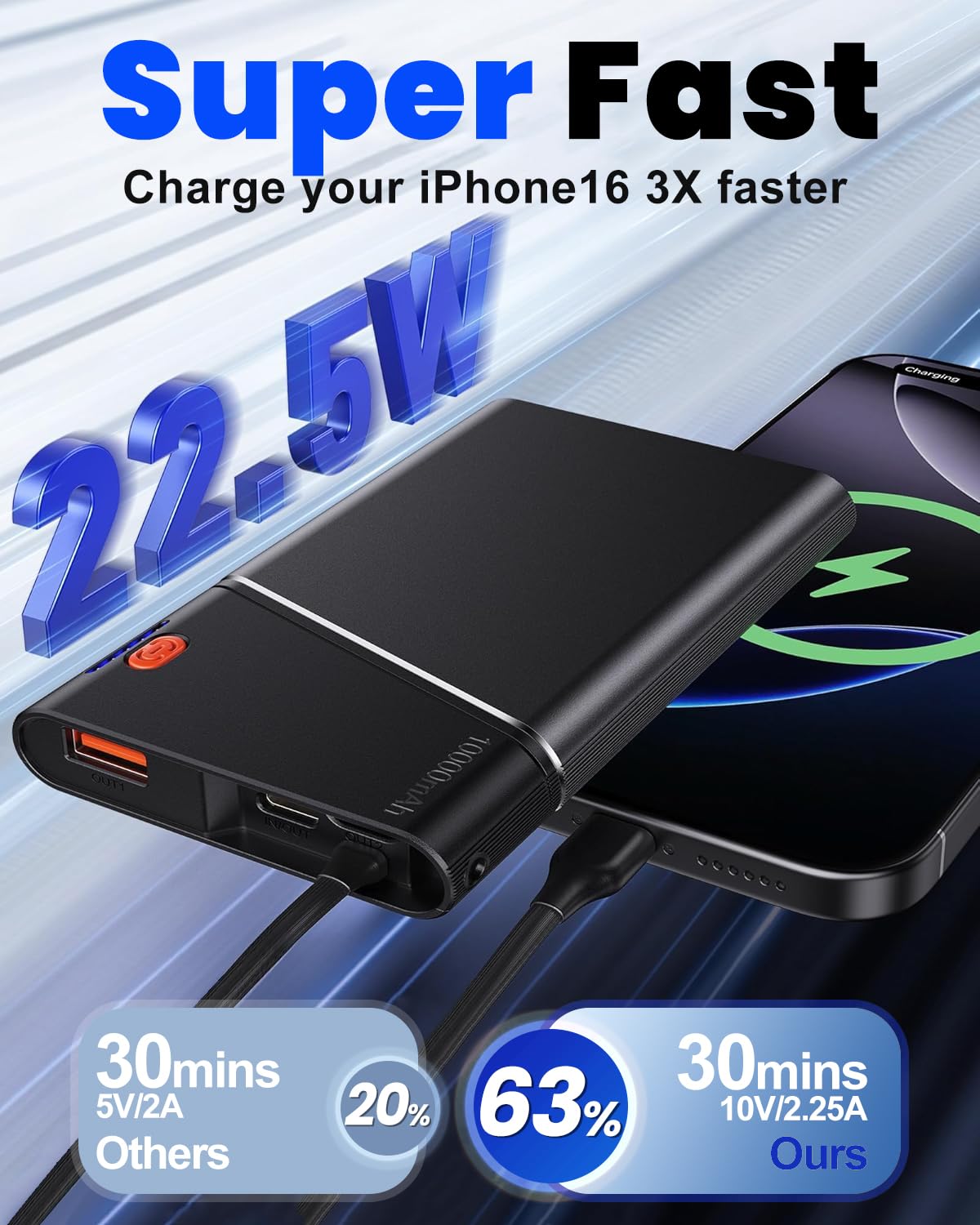Aaoyun Portable Charger Power Bank, 10000mAh 22.5W PD Fast Charging Powerbank with Built-in USB C Cable, Slim External Phone Battery Pack for iPhone 17/16/15 Samsung S24 Android etc (Grey)