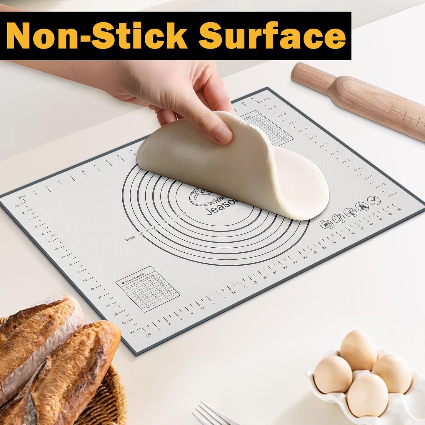 Jeasor 3 PCS Silicone Baking Mat Set, Silicone Bread Sling for Dutch Oven, Reusable Sourdough Bread Baking Supplies, Non-Stick and Easy Clean, with Long Handles