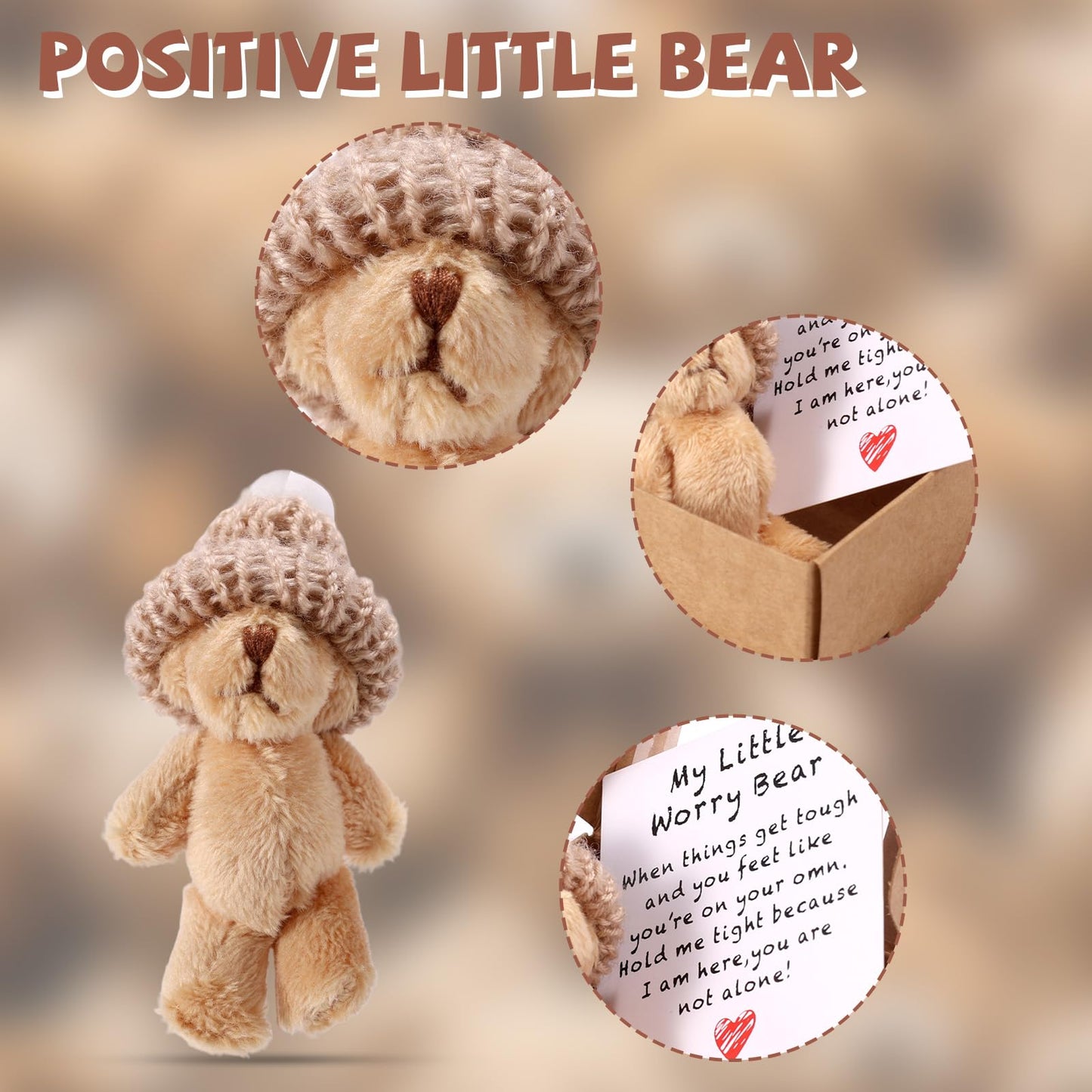TOYMIS 1 Set Mini Plush Worry Bear with A Hat, Handmade Positive Small Plush Bear in A Box with Encouragement Little Card Inspirational Support Easter Egg Toy for Family Friend Coworkers Gift