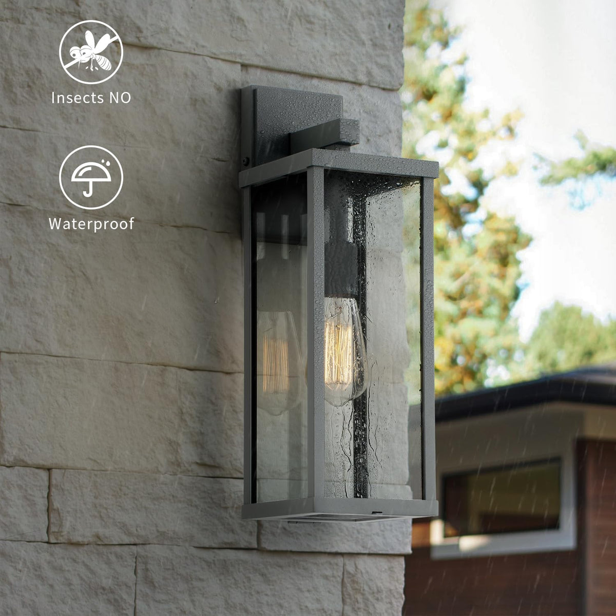mirrea 18" Classic Outdoor Wall Sconce 1 Light in Matte Gray Rectangular Metal Frame and Clear Glass Shade Waterproof Porch Light Patio Light Pack of 2