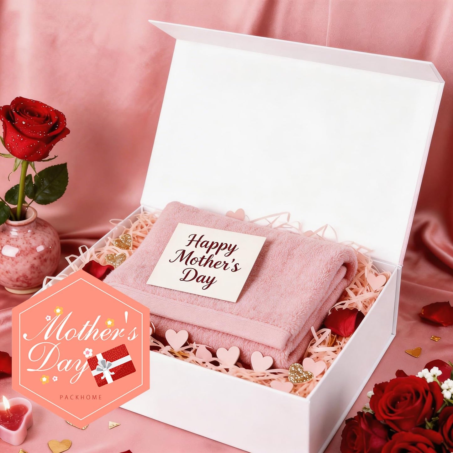 PACKHOME Mother's Day Extra Large Gift Box 17.5x11.3x4.3 Inches, Sturdy Shirt Box with Magnetic Lid for Clothes and Large Gifts (Glossy White)