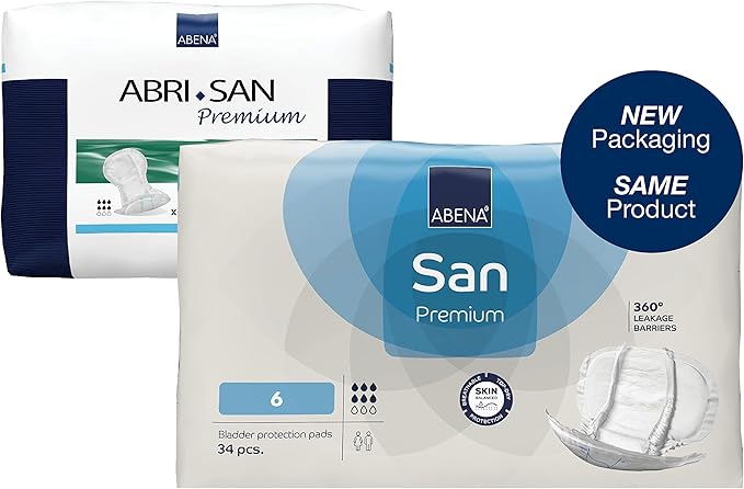 Abena San Premium Incontinence Pads, Moderate Absorbency, (Sizes 4 to 7), Size 6, 34 Count