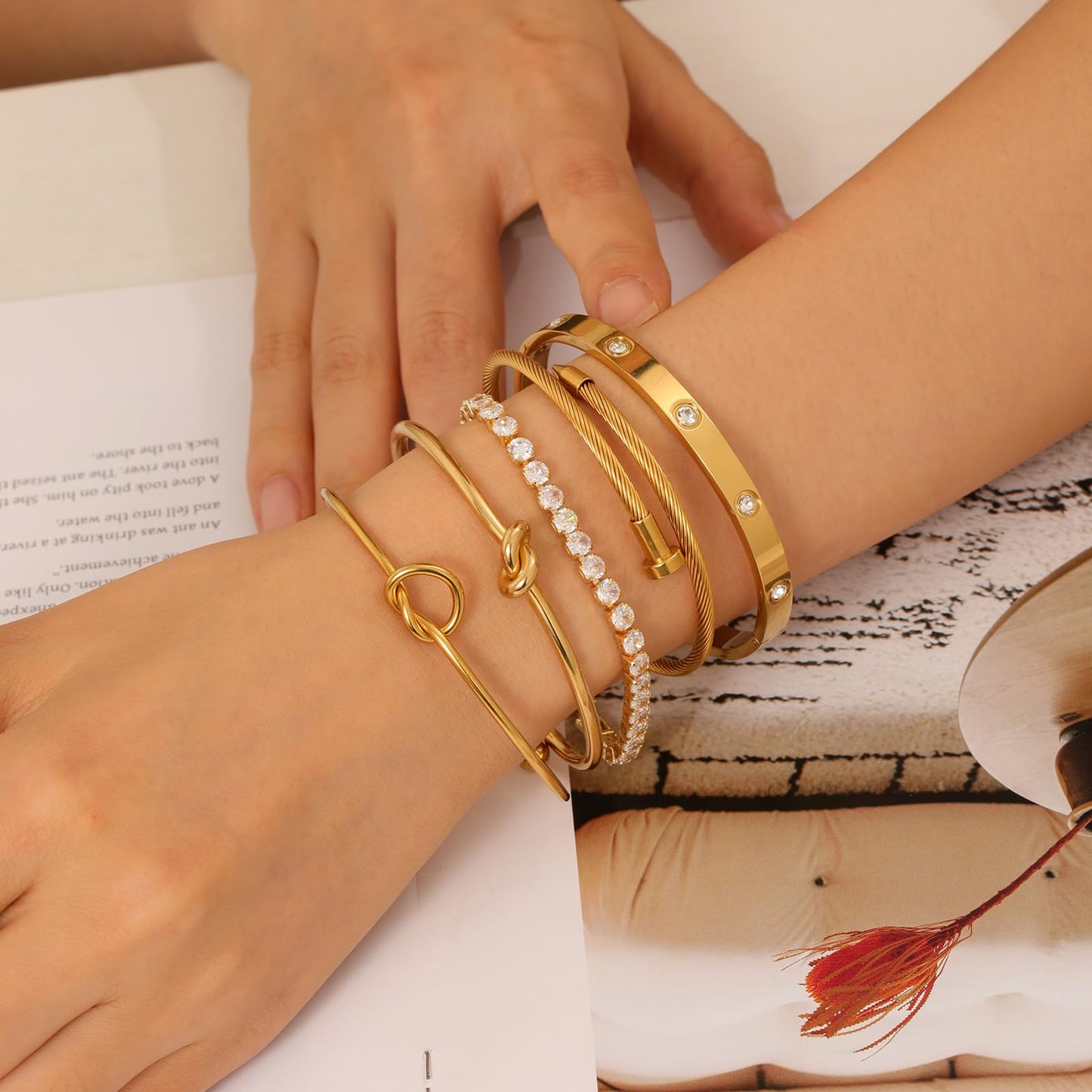FAFUGA 18 K Gold Plated Love Bangle Bracelet Stack Cuff Jewelry for Women Jewelry Set for Women Gift with Box (style6)
